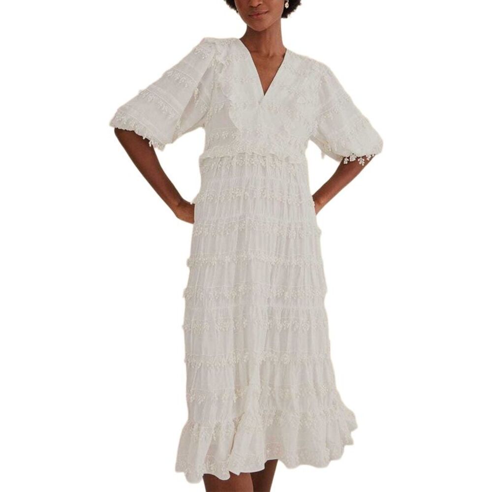 Farm Rio Womens  Ruffles Trim Off-White Midi Dress